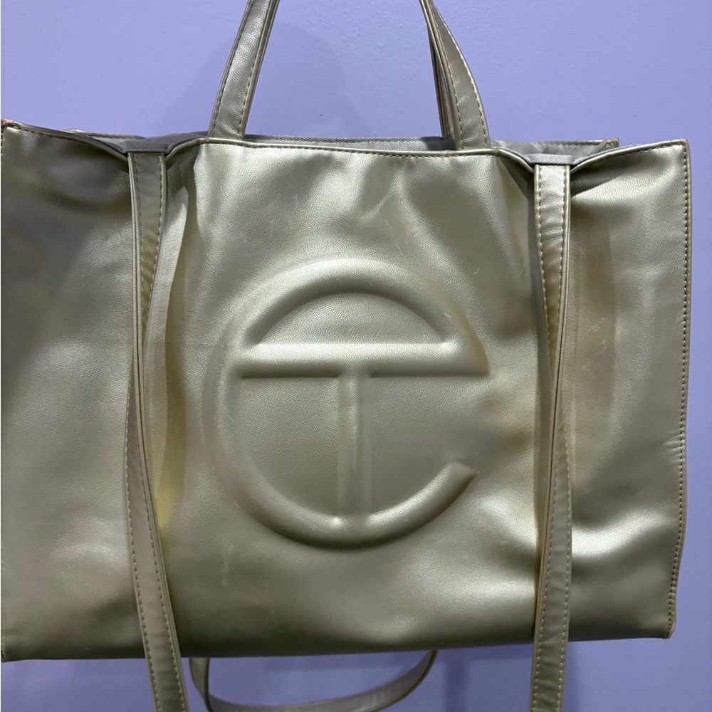 Telfar Gold Metallic Tote Bag with Embossed Logo